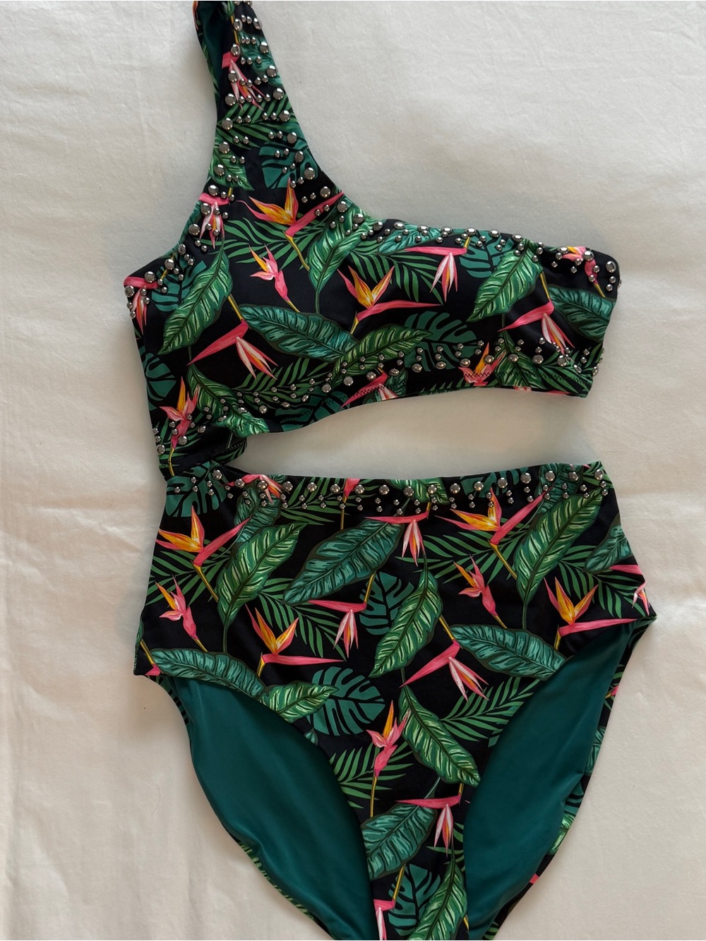 Dolce Vita Size Sm Teal Bikini with Black Trim and Pink Floral Accent